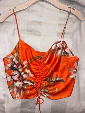 All Saints Orange Floral Ruched Satin Cami